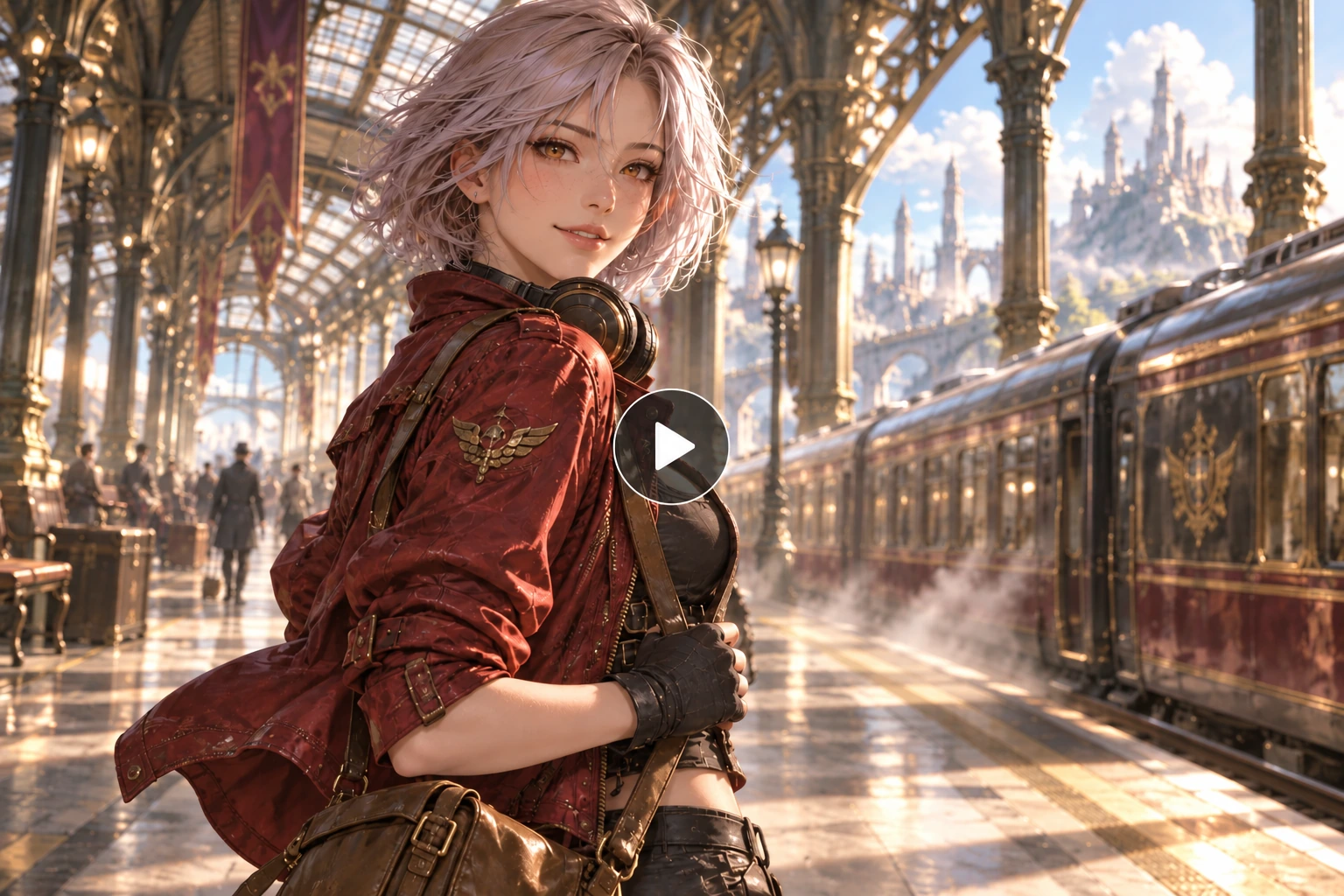 Character video preview image: silver-haired character in a red jacket at a sunlit railway station