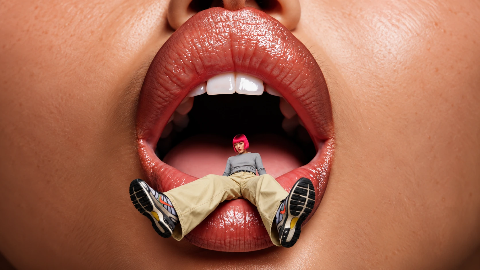 Miniature pink-haired woman sitting on a giant lower lip