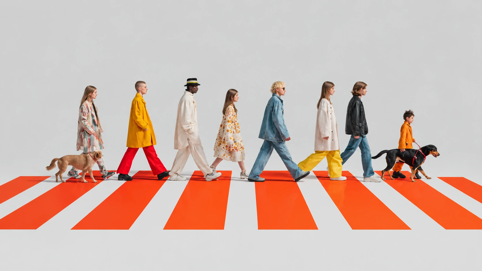 People and dogs walking across an orange and white crossing