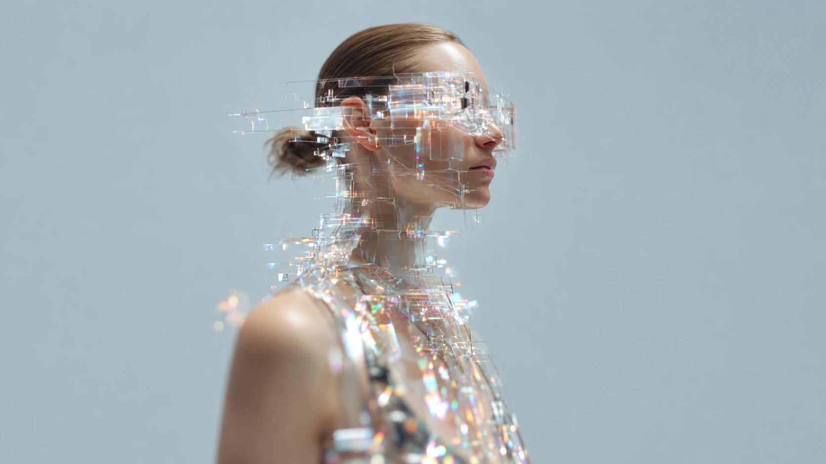 Woman wearing a transparent geometric glass visor and collar