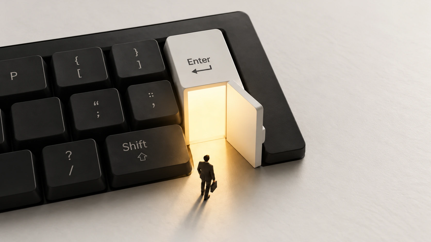 Miniature person approaching a glowing doorway in a keyboard Enter key