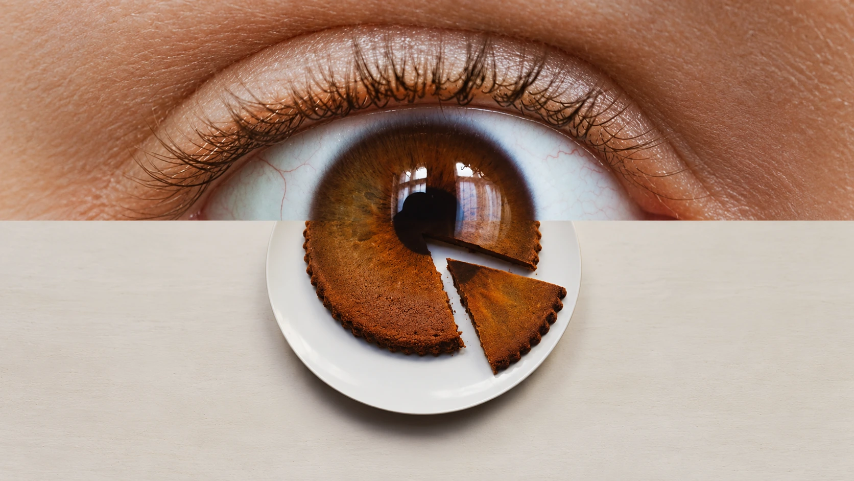 Surreal collage combining a brown eye with a sliced tart
