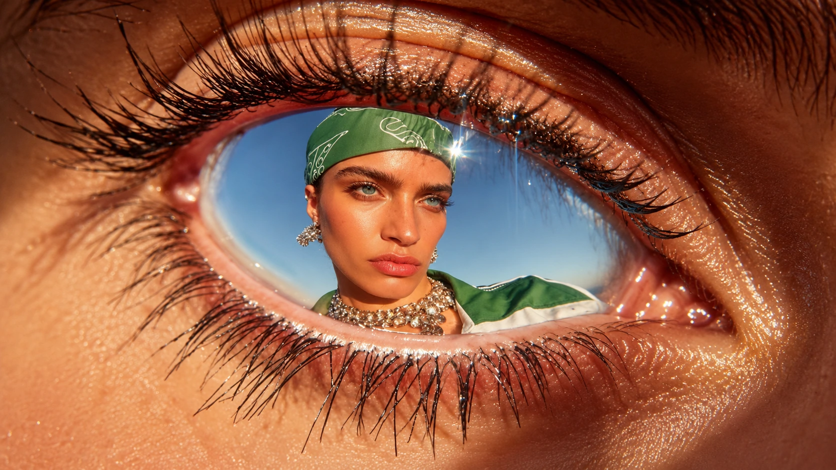 Woman in a green headscarf framed inside a close-up eye