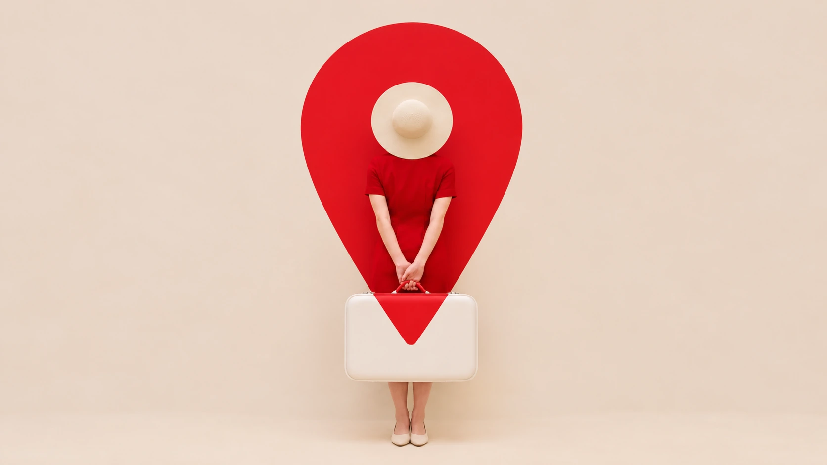 Traveler in red holding a suitcase within a red map pin shape