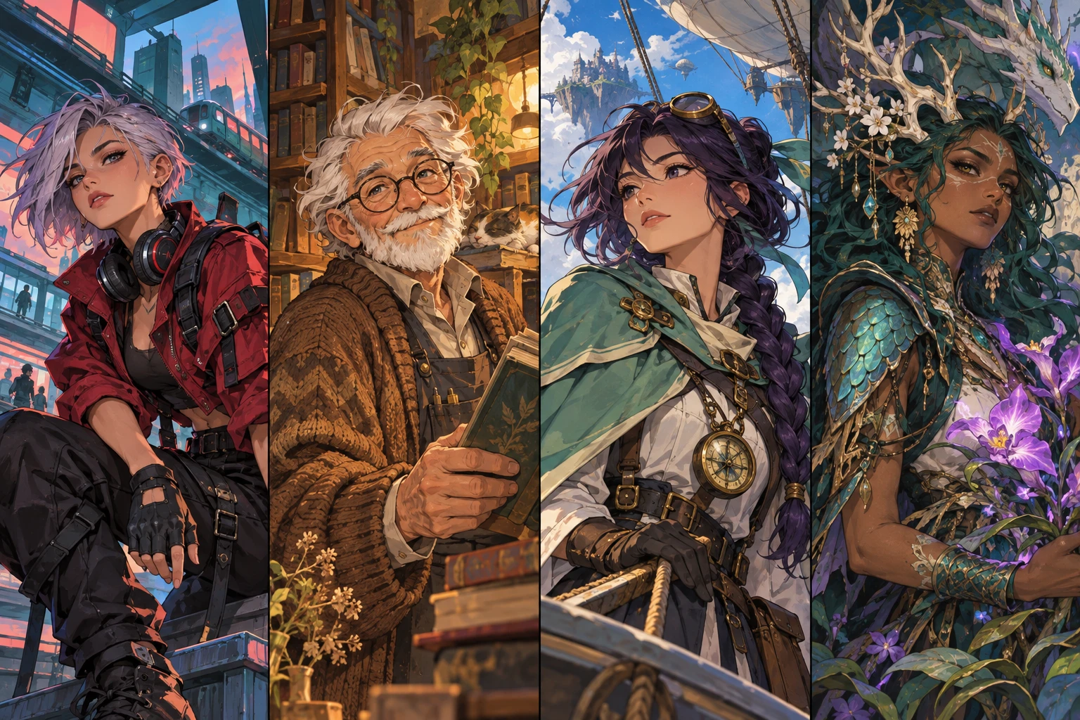 Original illustrated characters: urban adventurer, cartoon shopkeeper, anime navigator and fantasy botanist