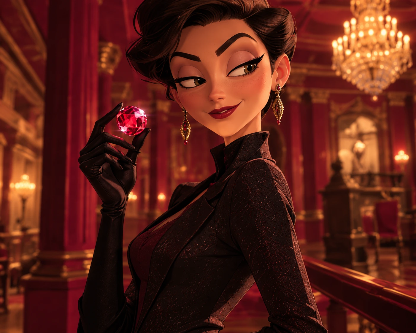 Woman holding a ruby in a grand red ballroom