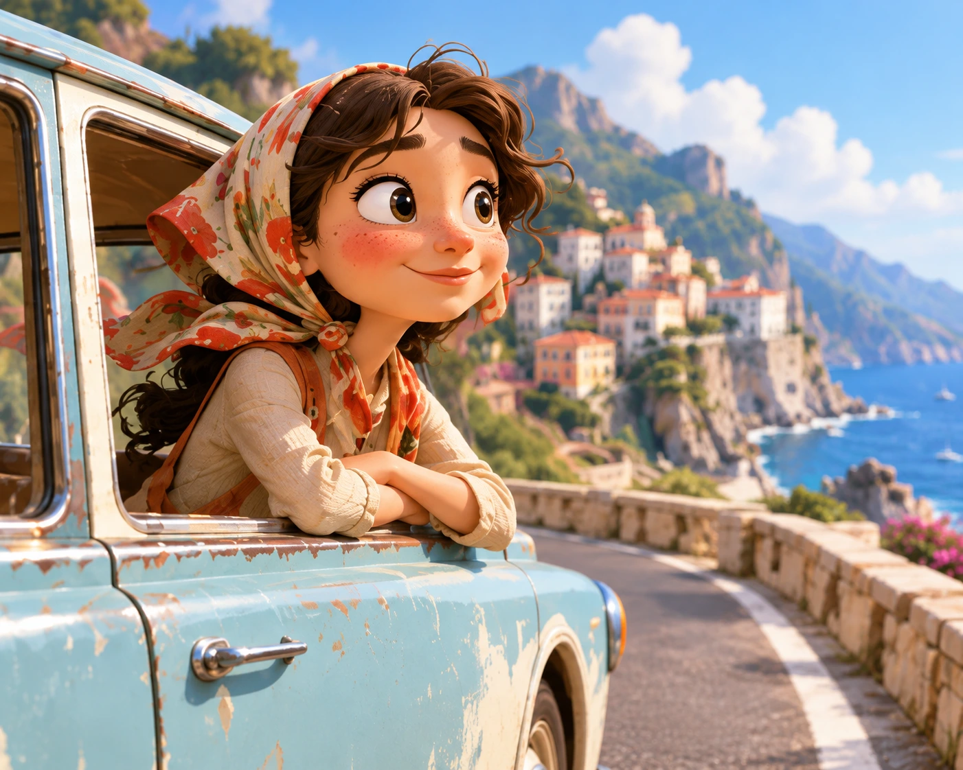 Young traveler looking out of a car along the coast