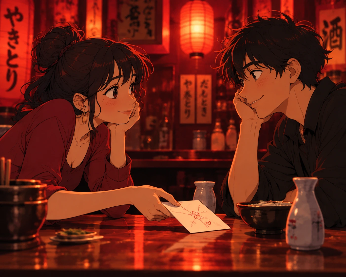 Anime couple sharing a moment in a lantern-lit restaurant