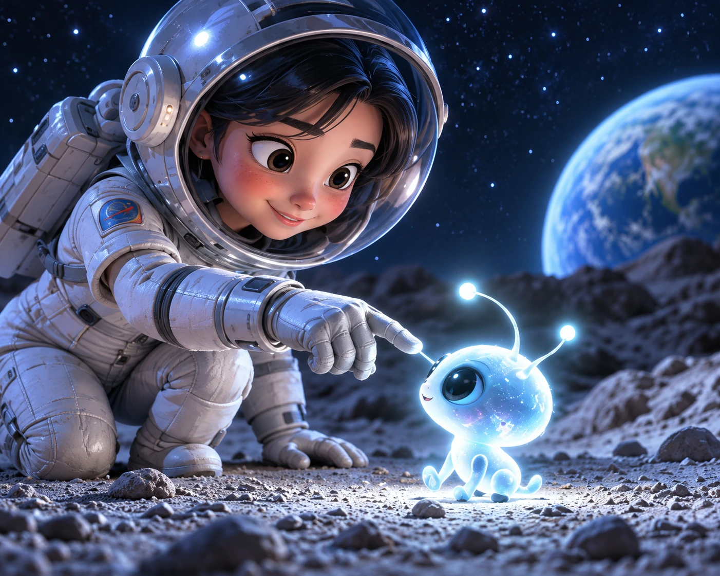 Astronaut meeting a luminous creature on the moon
