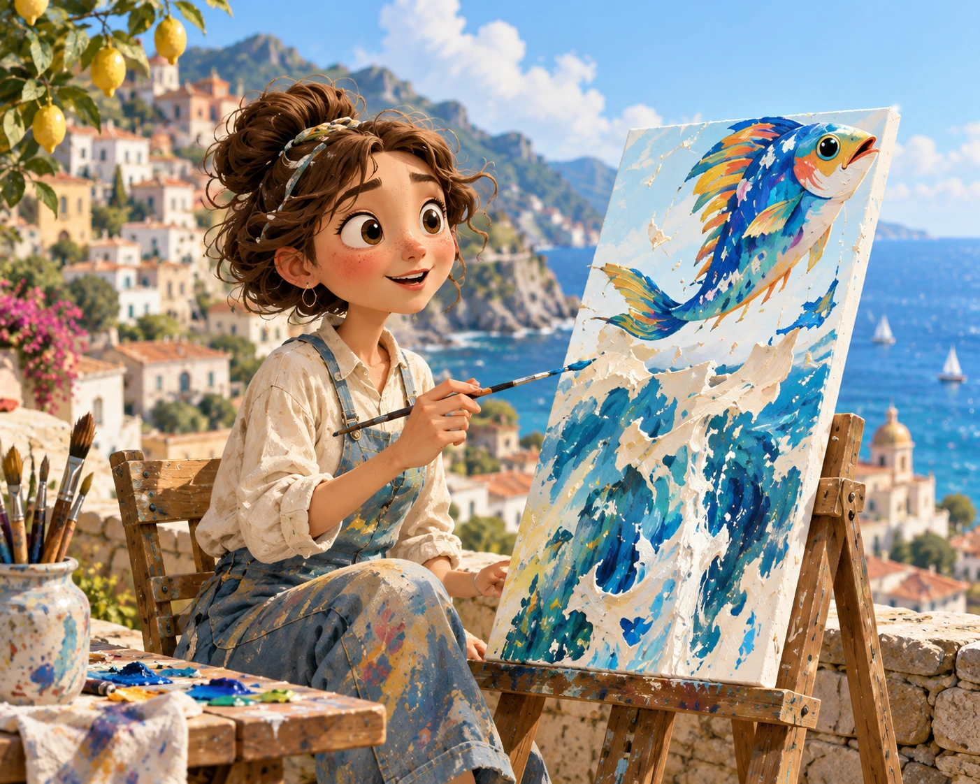 Artist painting a colorful fish beside the sea