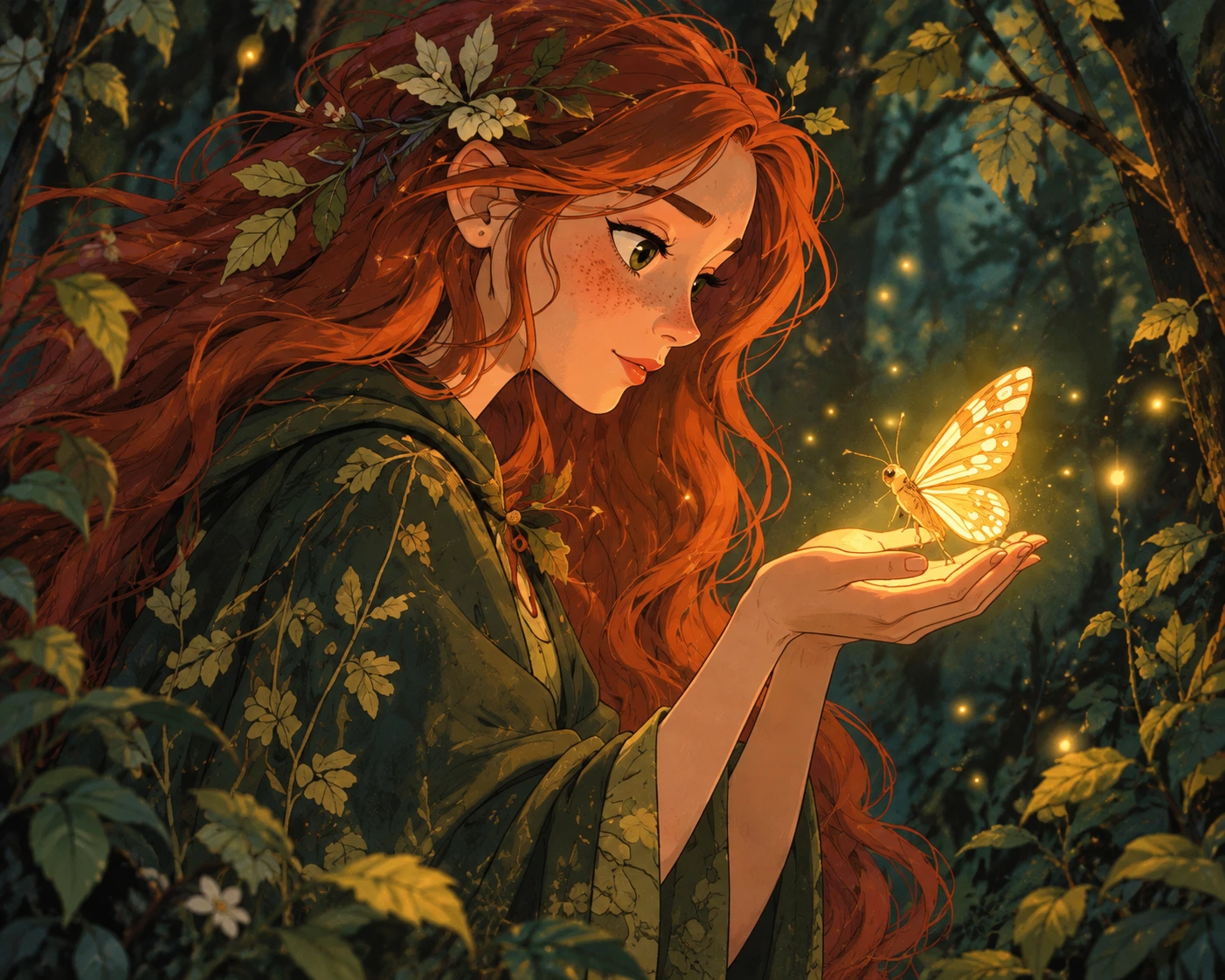 Red-haired forest character holding a glowing butterfly