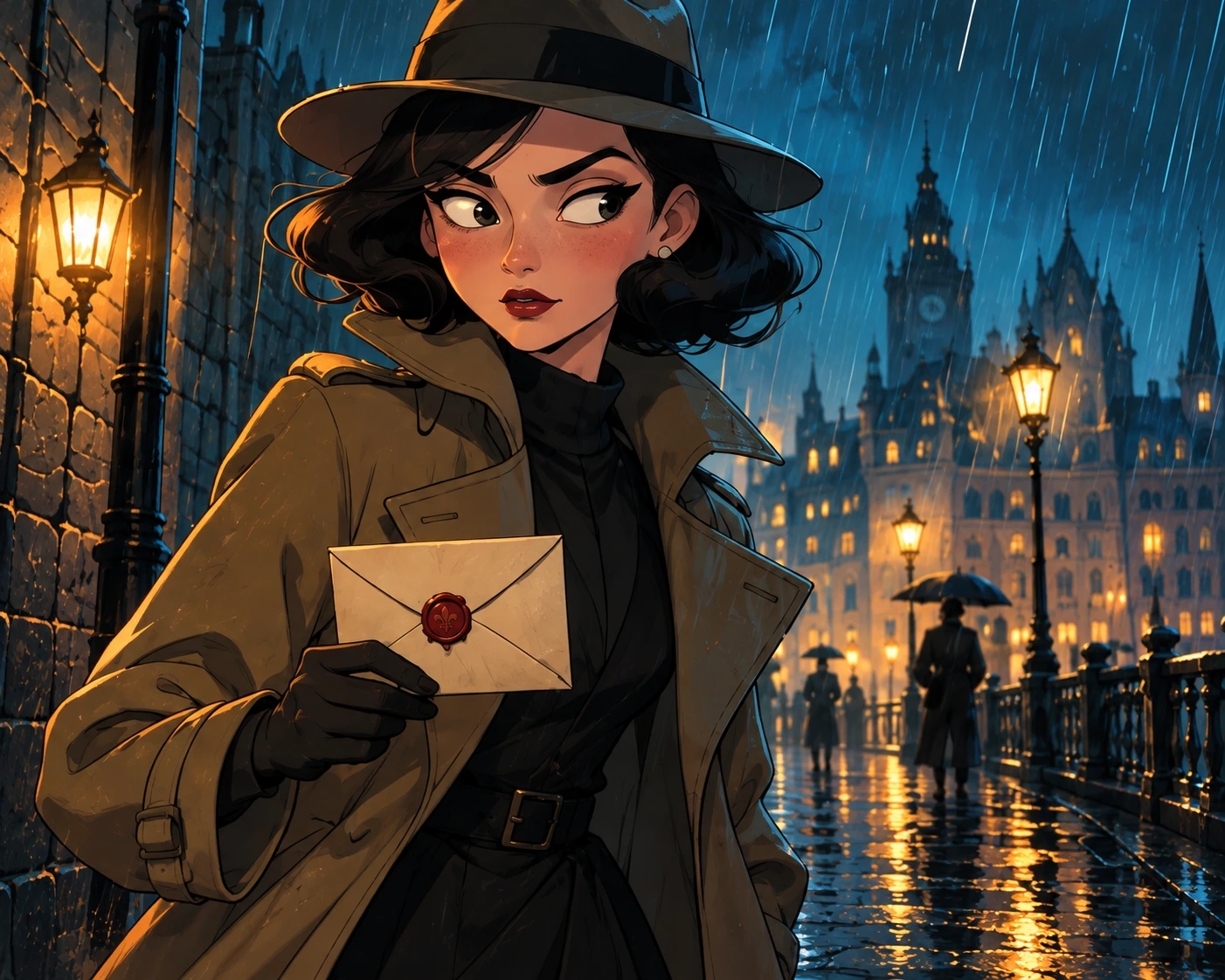 Detective carrying a sealed letter on a rainy street