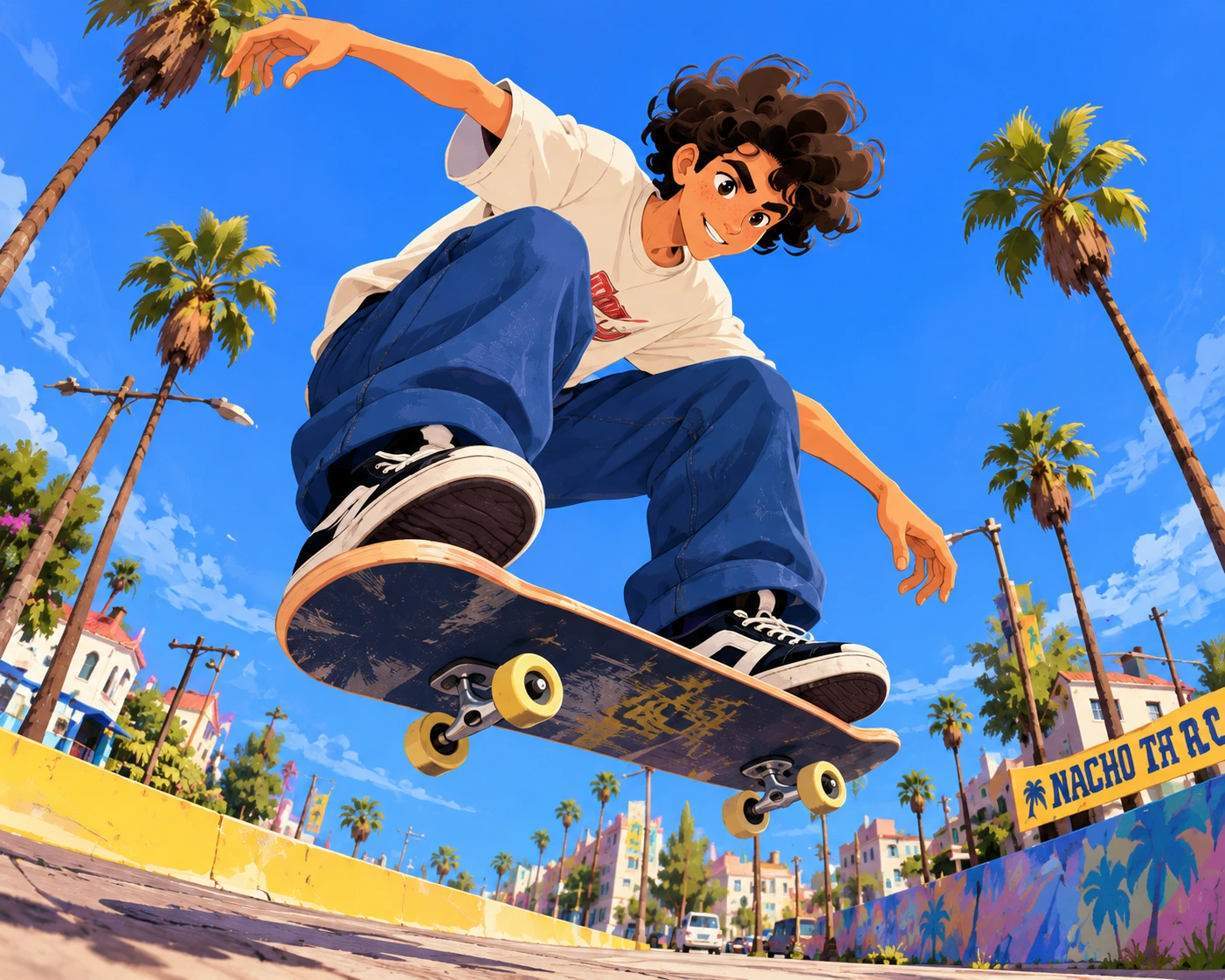 Skateboarder jumping beneath a bright blue sky