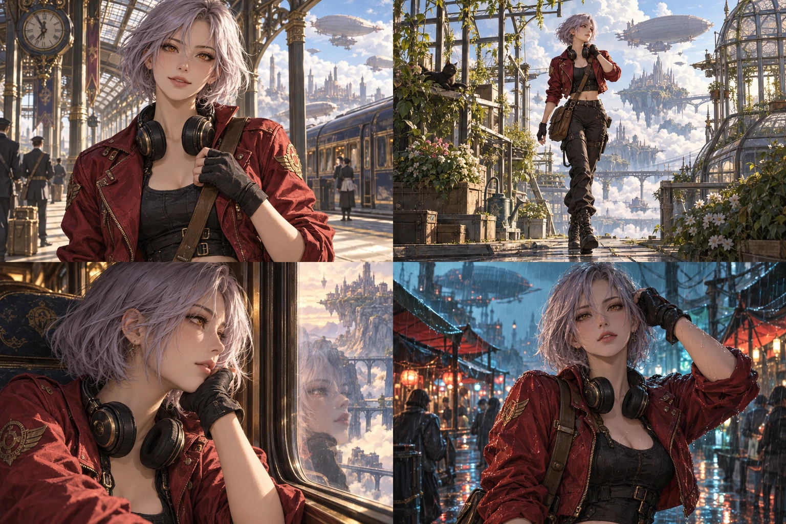Purple-haired character in a red jacket with headphones at a railway station