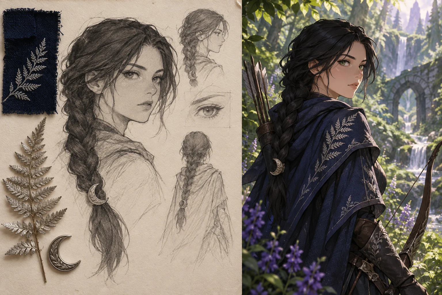 Pencil character study, fabric and botanical references beside a finished forest ranger illustration