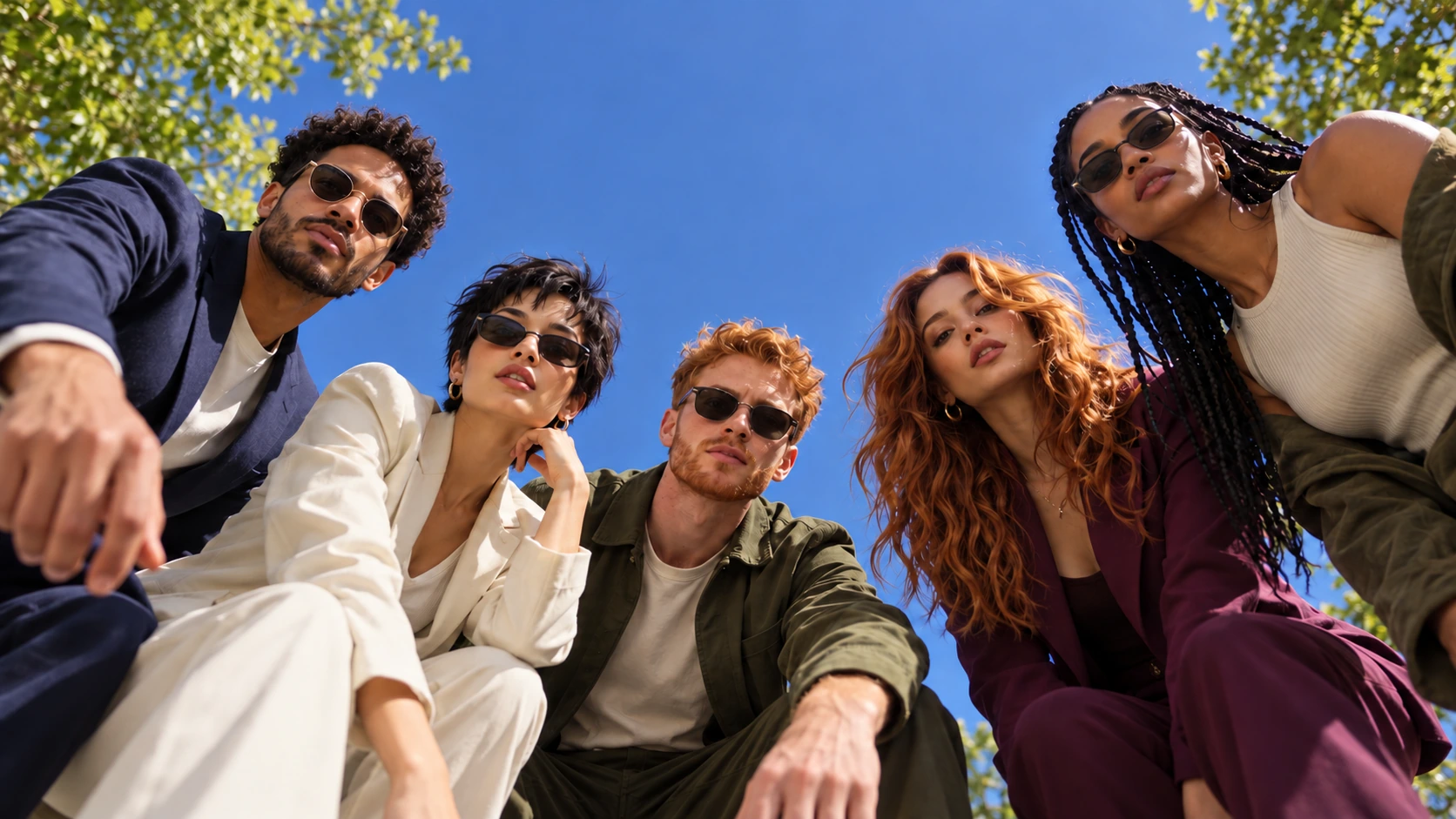 Five friends looking down toward the camera beneath a blue sky