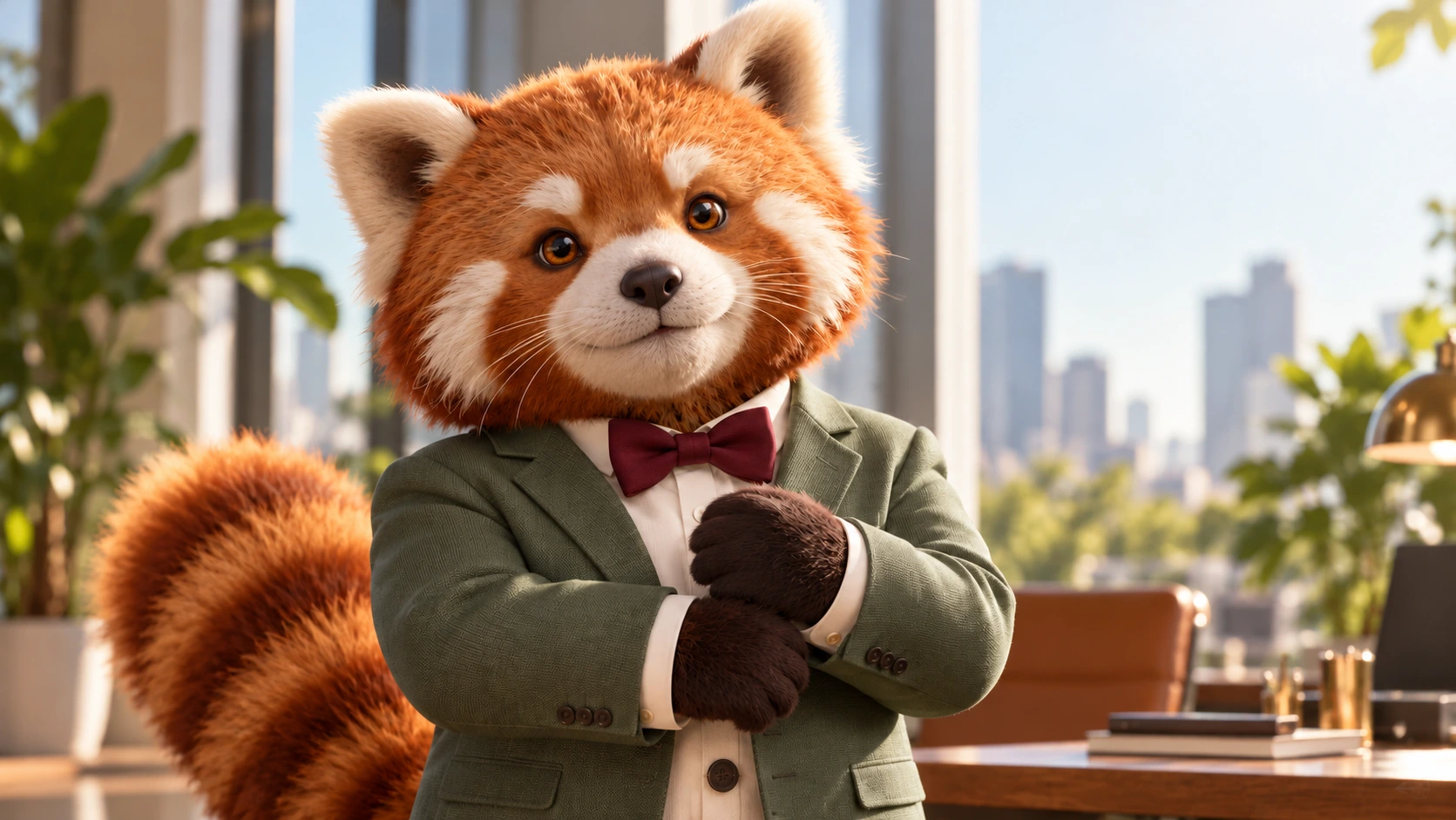 Red panda wearing a green suit and bow tie in a sunlit office