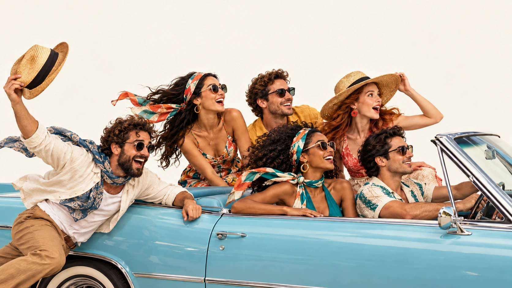 Friends enjoying a ride in a blue convertible