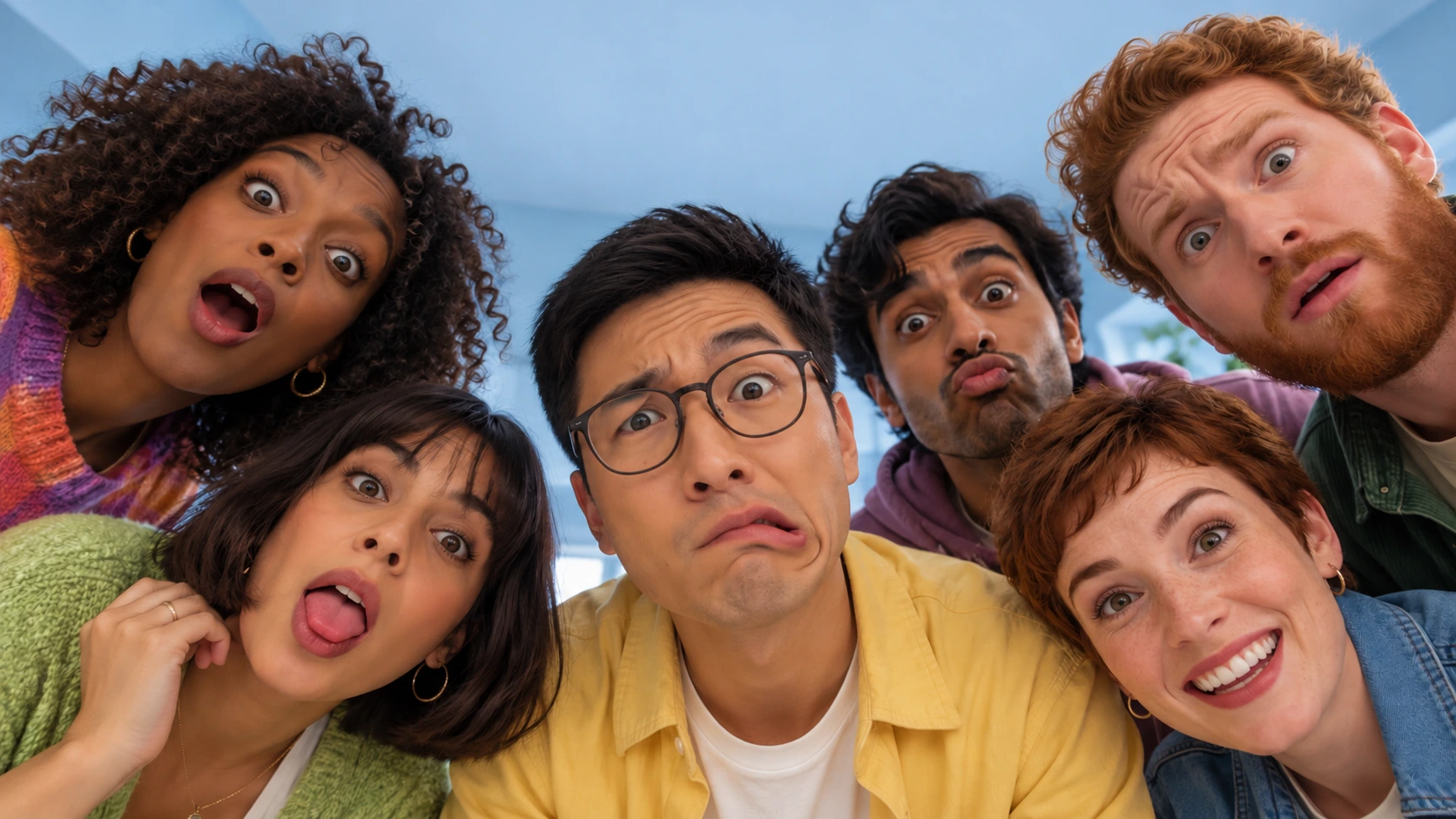 Six friends making playful expressions toward the camera
