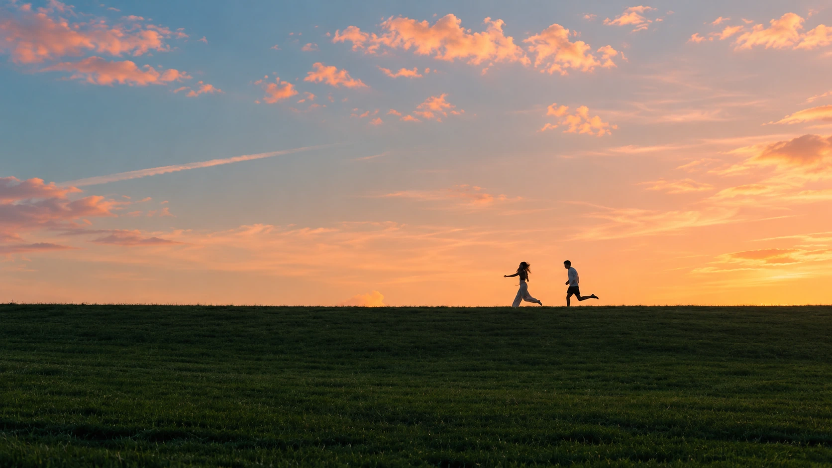 Two people running across a field beneath a sunset sky