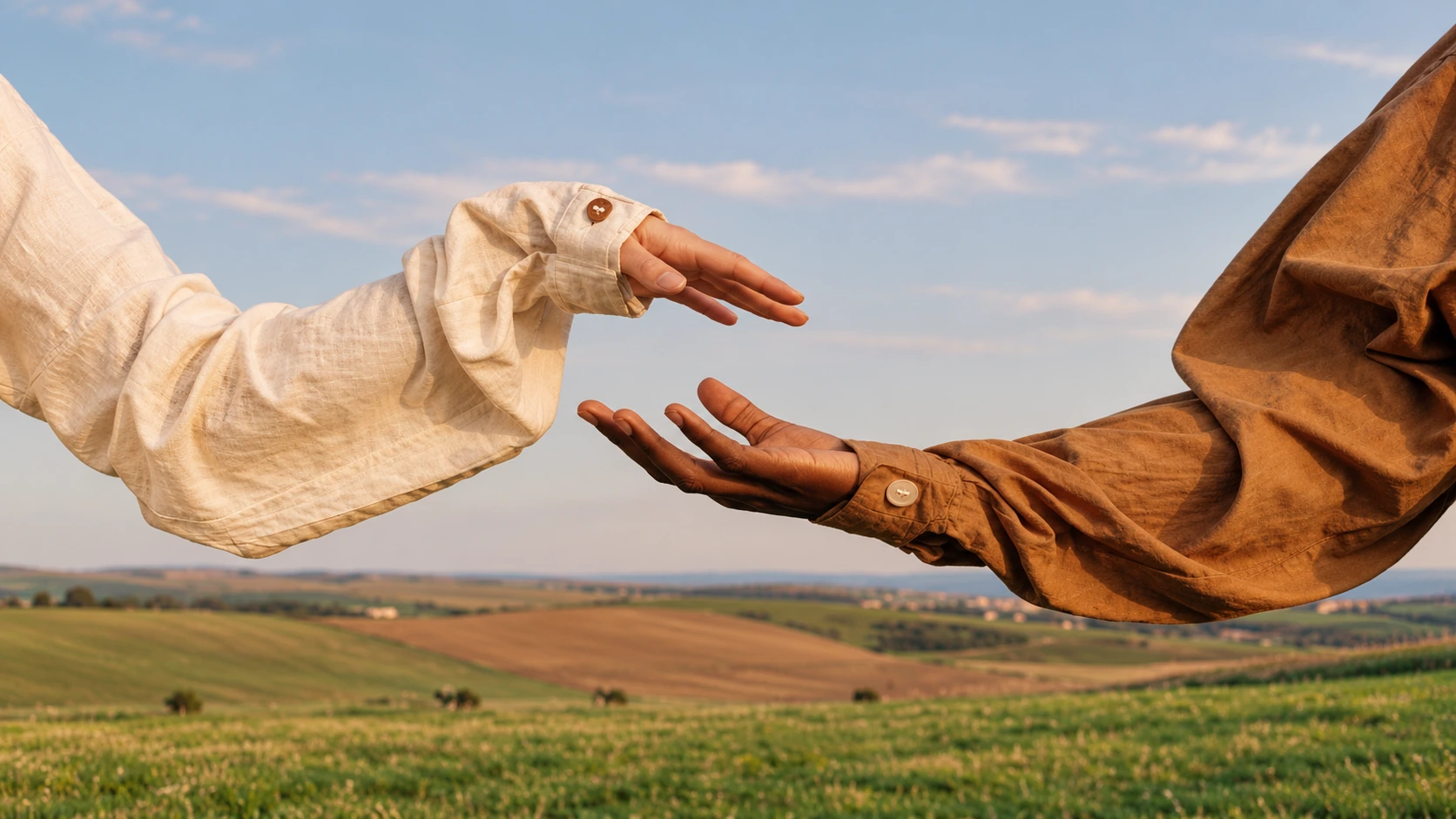 Two hands reaching toward each other above open countryside