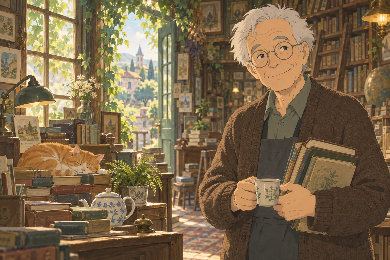 Hand-painted elderly bookshop keeper with silver hair, glasses and a brown cardigan