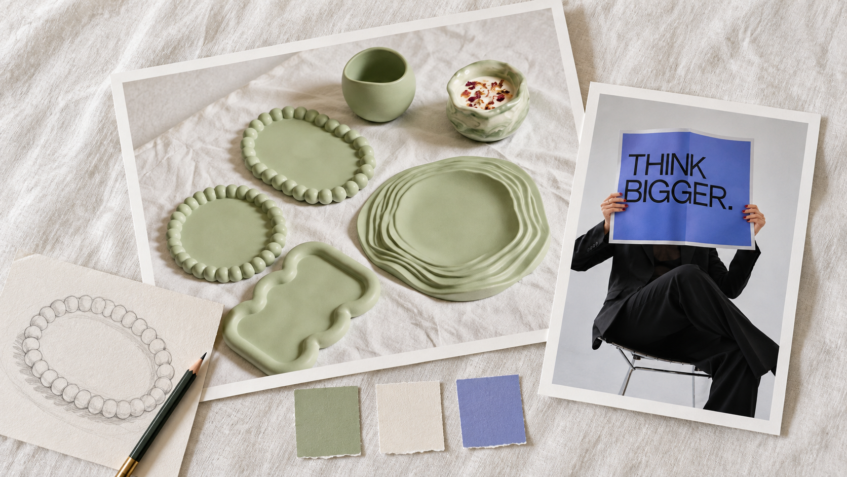 Creative mood board with sage ceramics, color swatches and a purple poster