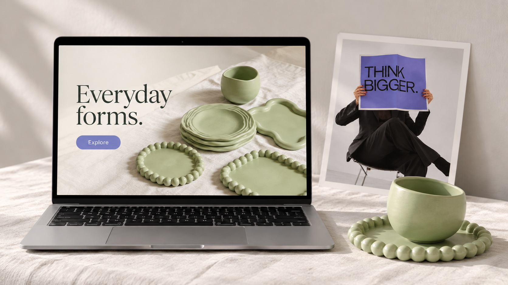 Ceramics brand website displayed on a laptop beside a green cup