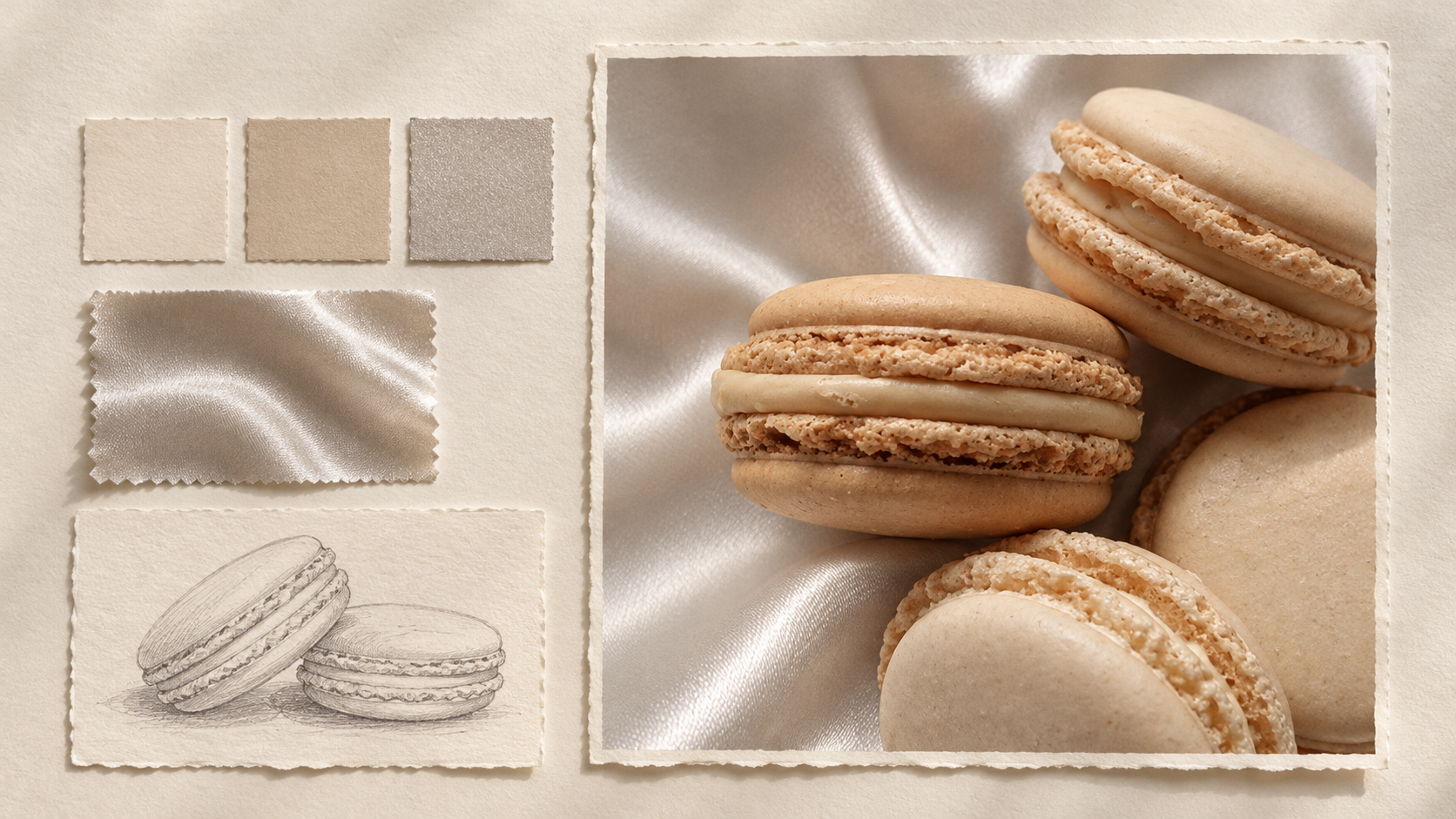 Macaron mood board with neutral color swatches, satin and a pencil sketch