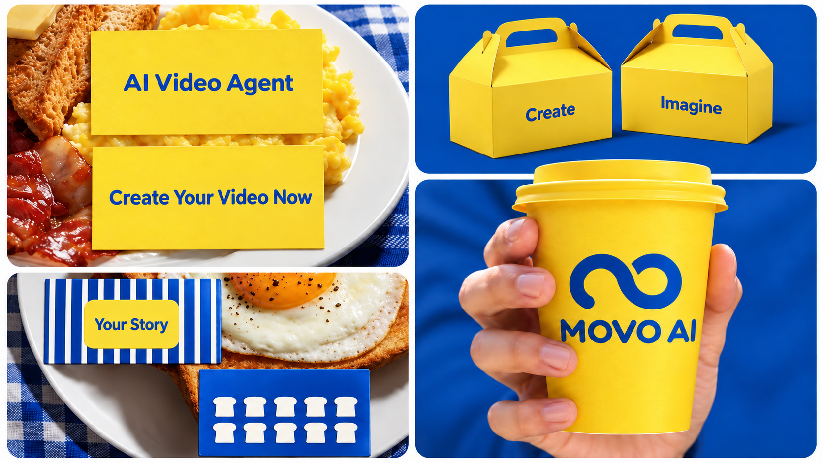Yellow and blue MOVO AI brand designs with packaging, cards and a coffee cup