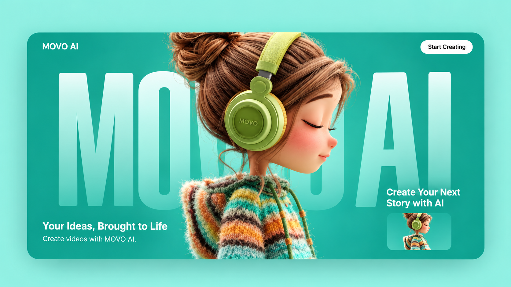 Turquoise MOVO AI website concept featuring a character wearing green headphones