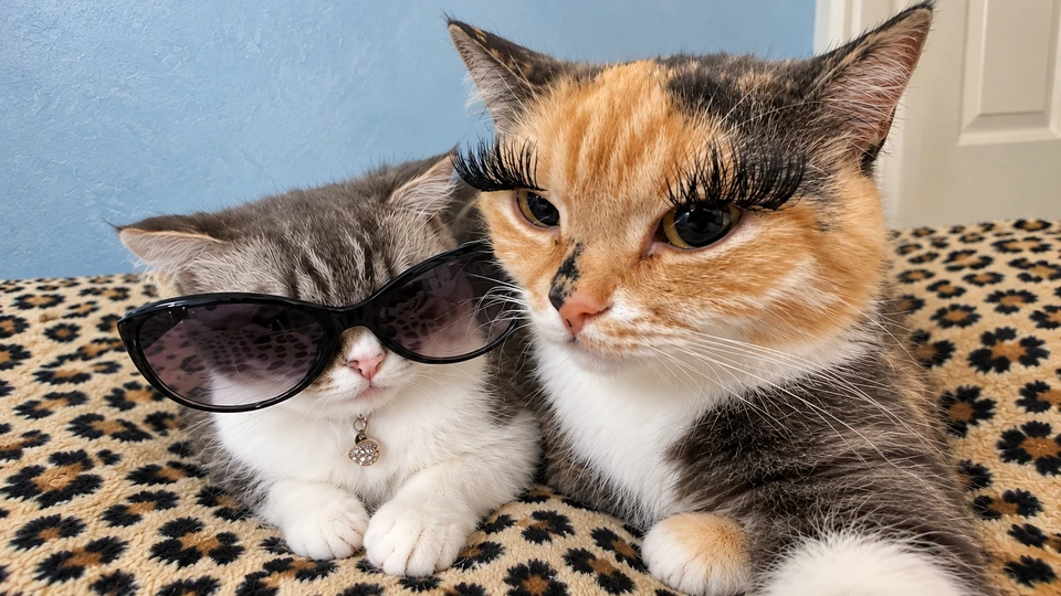Two cats posing together, one wearing sunglasses and the other with exaggerated eyelashes