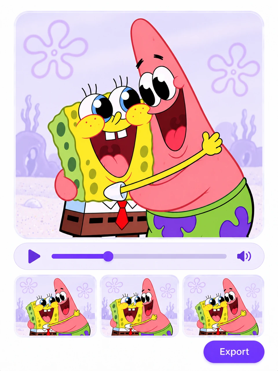 A hugging video preview with clip thumbnails and an Export button