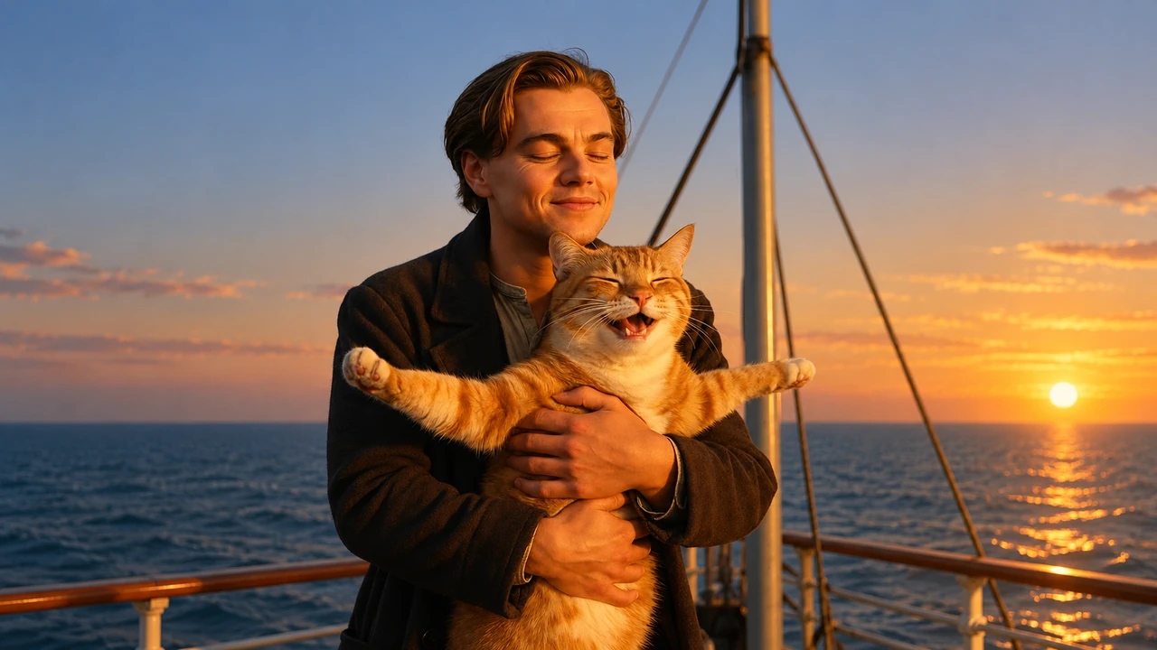 A man holding an orange cat on a boat at sunset
