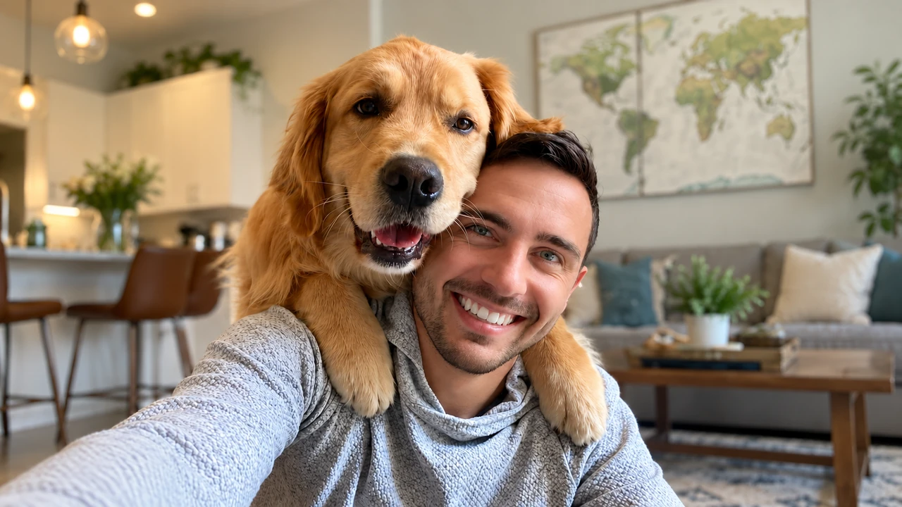 A golden retriever resting its paws around a smiling man at home
