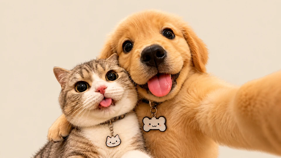 A kitten and a golden retriever puppy cuddling together