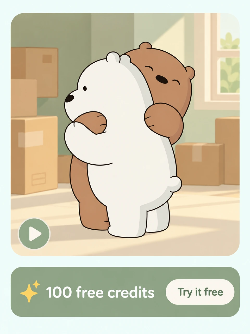 Two cartoon bears hugging above a 100 free credits banner