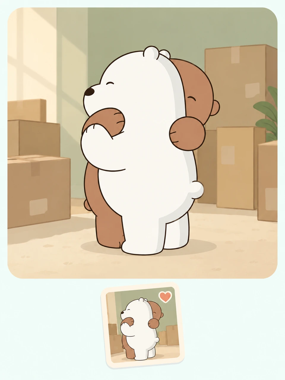 Two cartoon bears sharing a warm hug with a keepsake photo below