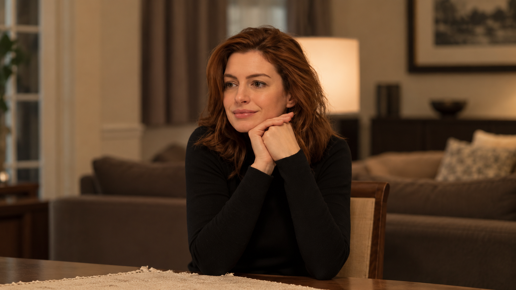 A woman sitting at a table in a warmly lit room