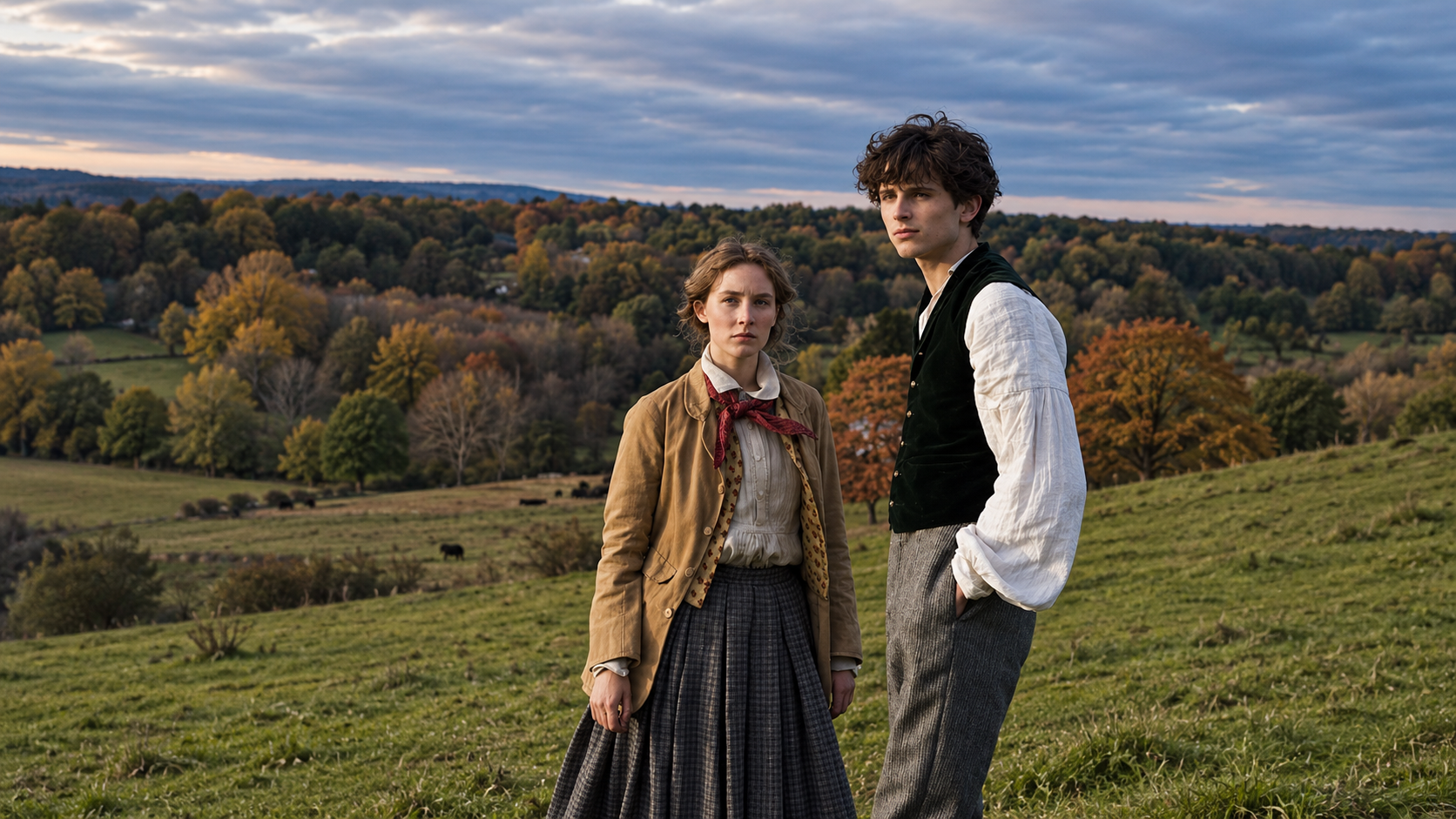 Two people standing on a grassy hillside overlooking autumn woodland