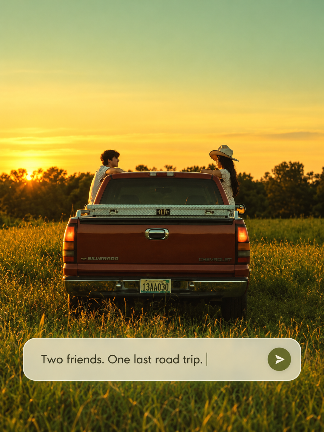Two friends beside a pickup truck at sunset with a story prompt