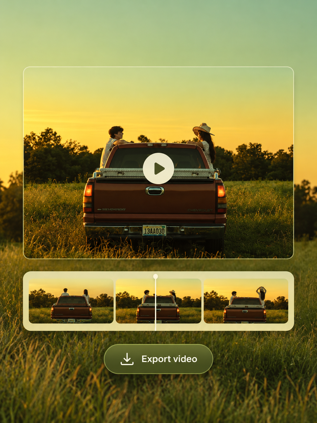 Road trip video preview with a scene timeline and an Export video button