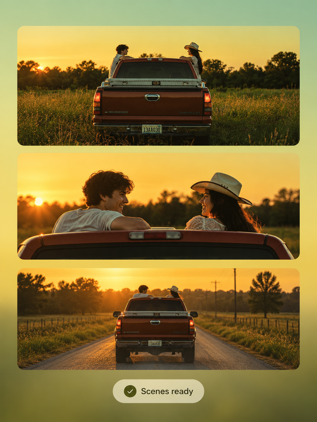 Three storyboard scenes of a sunset road trip with a Scenes ready label