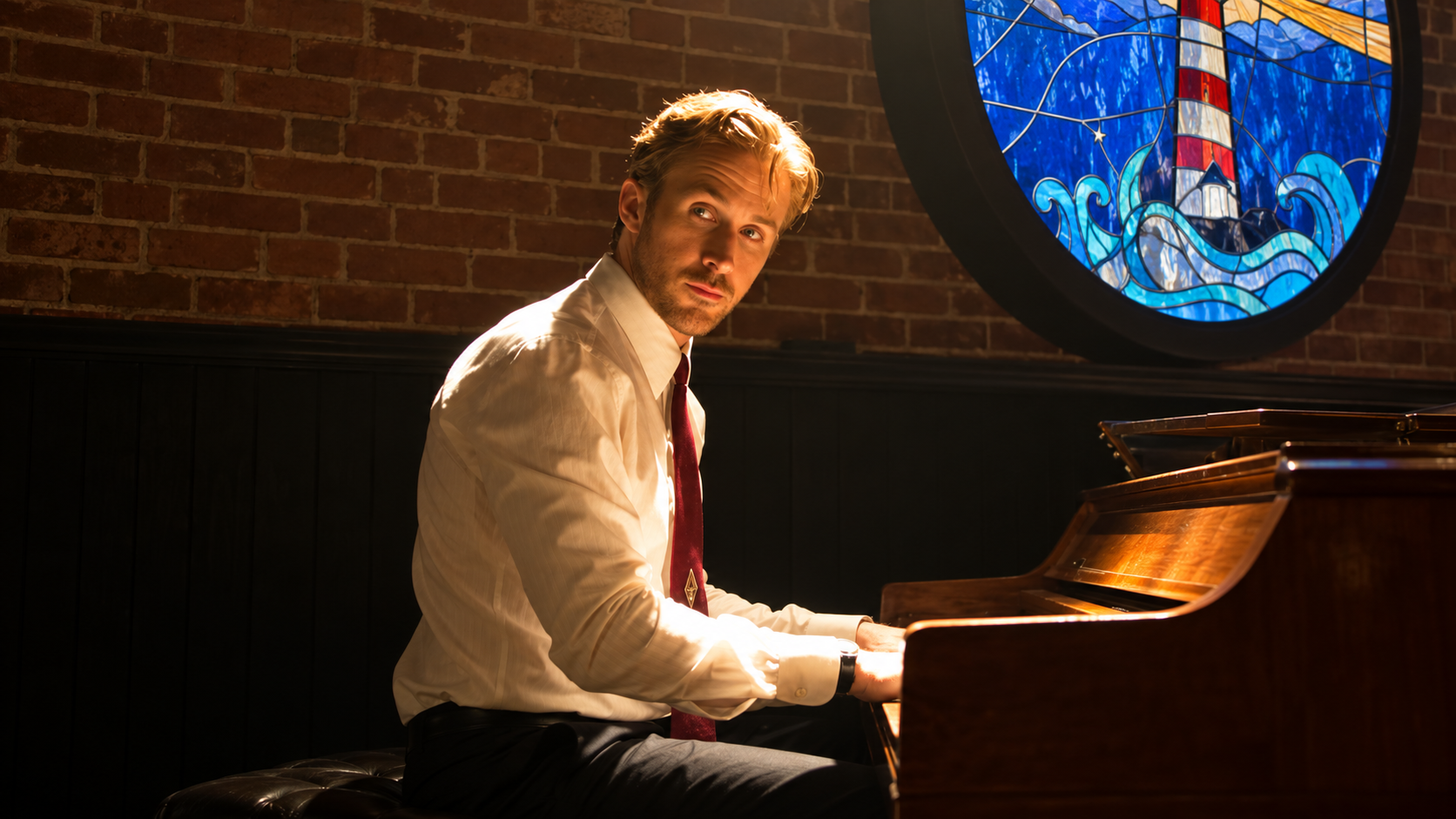 A man playing a piano beside a stained-glass window