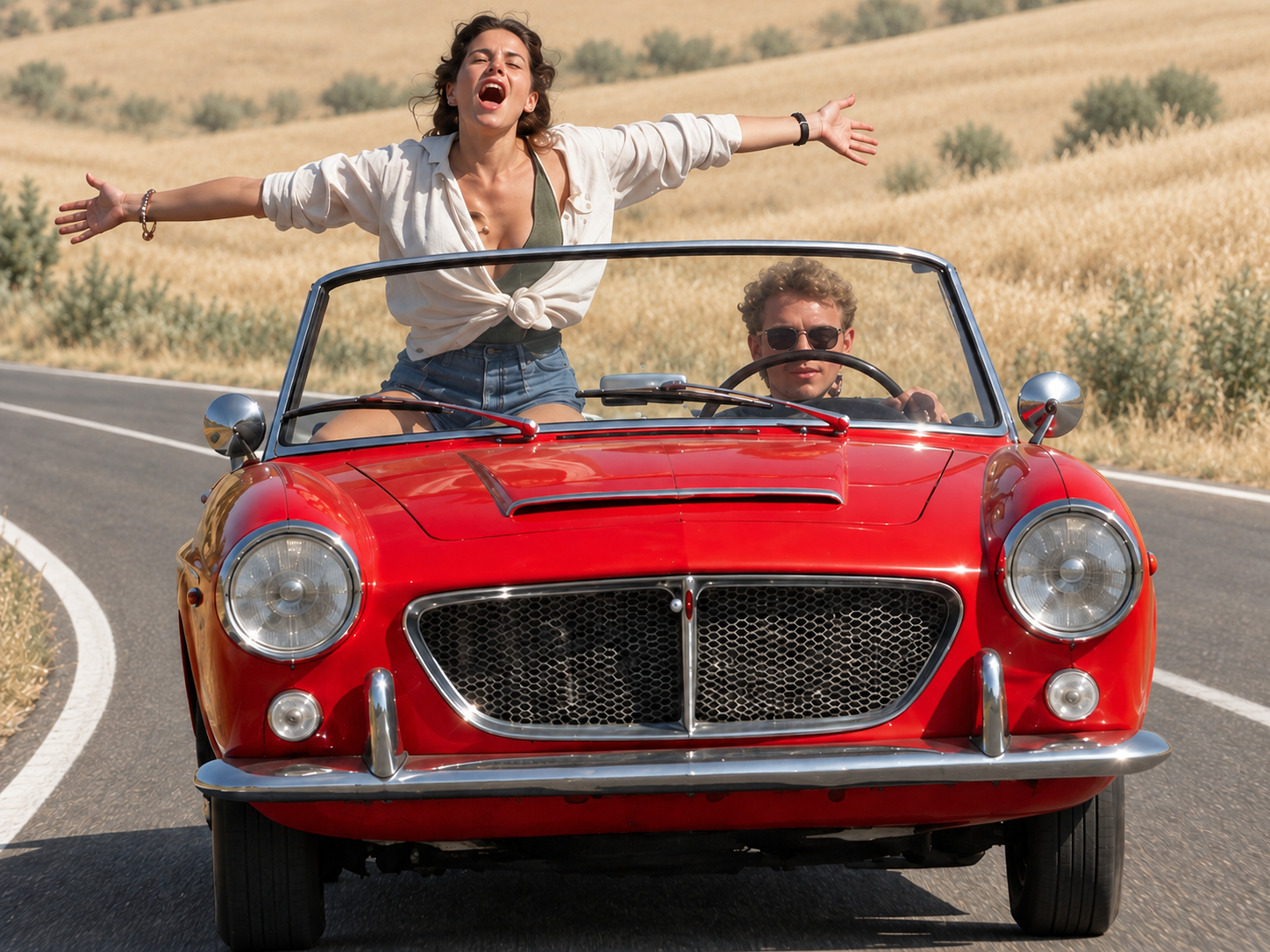 Two people enjoying a countryside trip in a red convertible