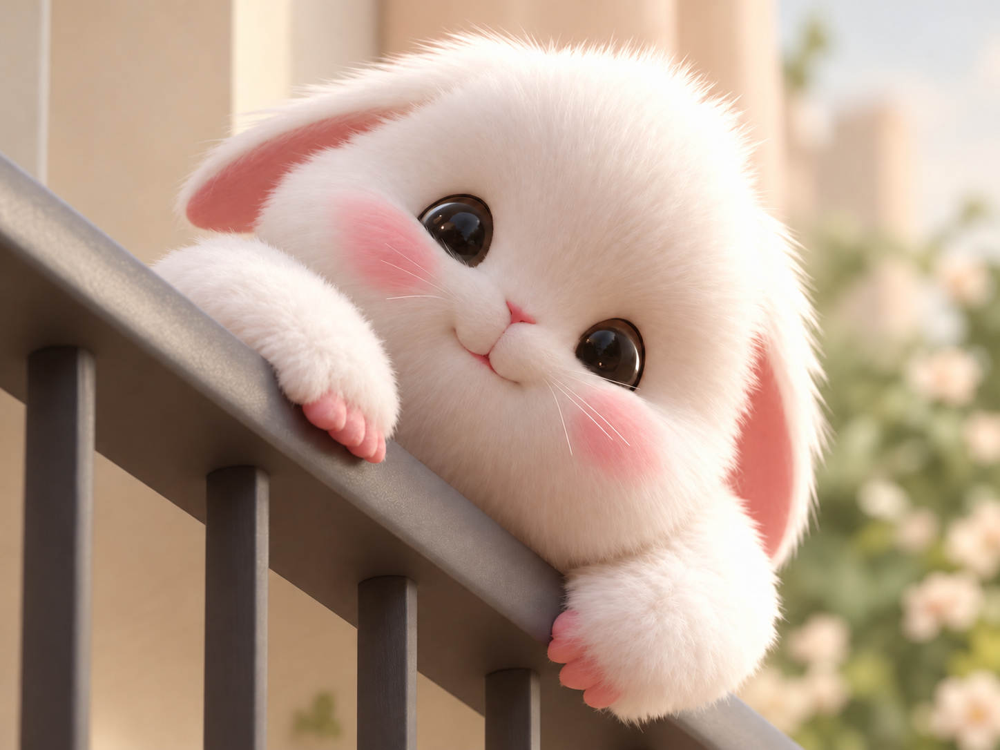A fluffy white cartoon rabbit leaning over a railing