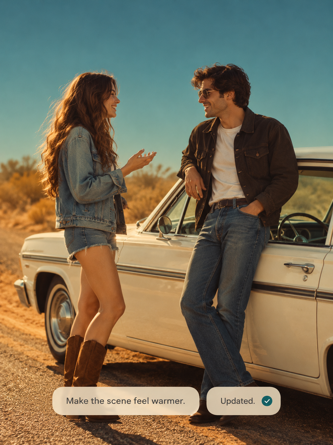 Two travelers chatting beside a vintage car with scene refinement feedback