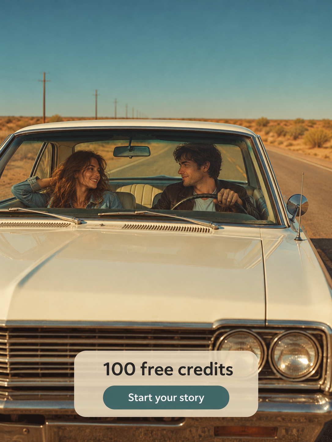 Two travelers in a vintage car with a 100 free credits and Start your story message