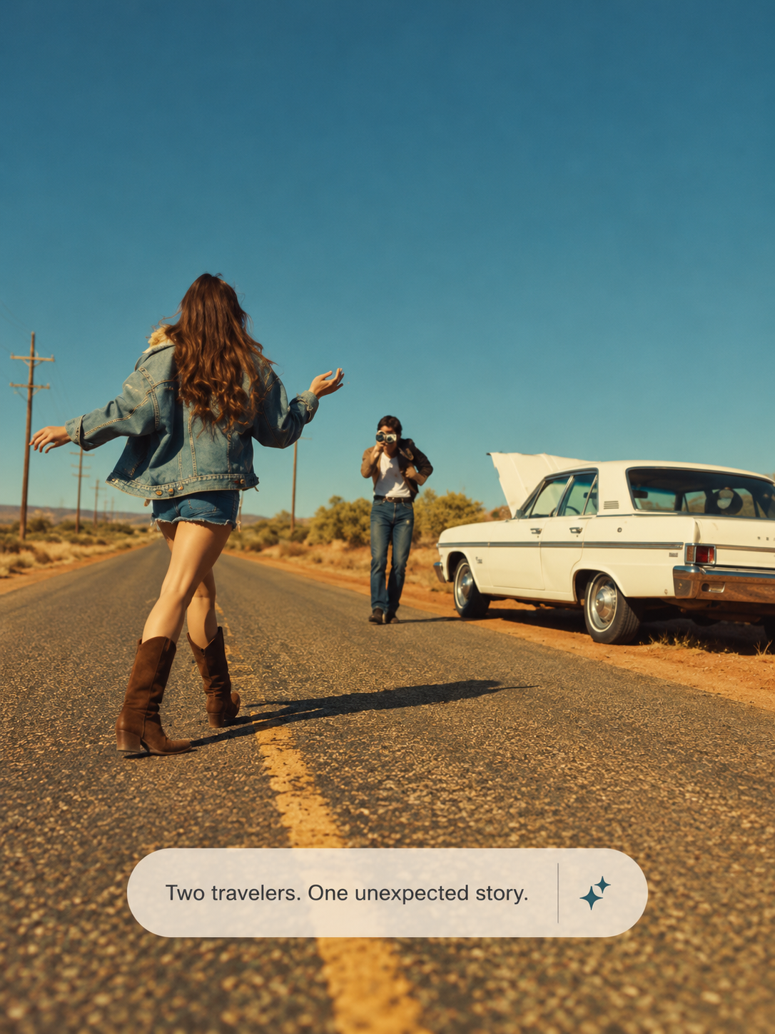 Two travelers on a desert road beside a vintage car with a story prompt