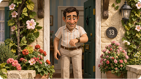A character standing outside a flower-filled doorway
